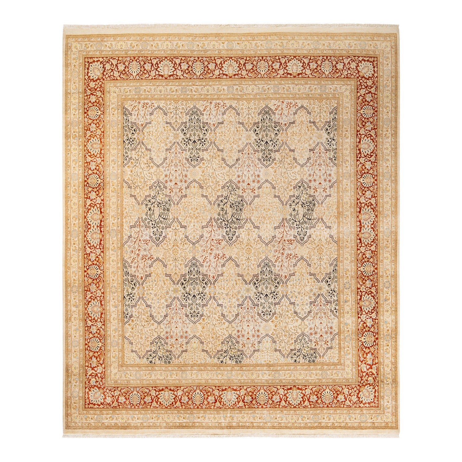 Intricate floral and geometric patterned rug with sophisticated color scheme.