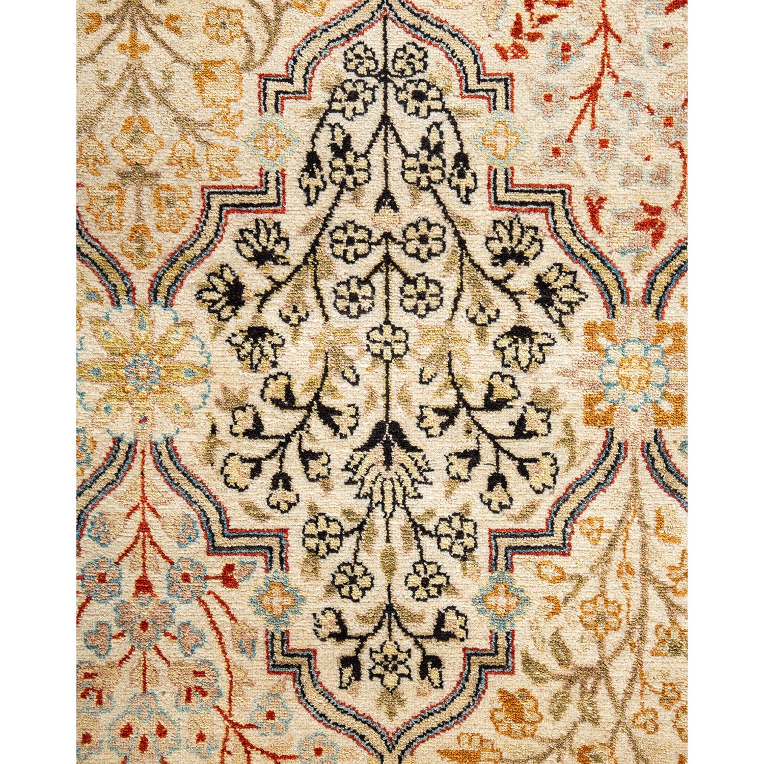 Intricately designed Persian rug with floral patterns in warm tones.