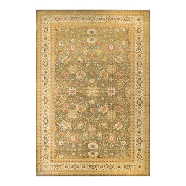 Exquisite hand-woven rectangular rug showcases intricate floral motifs and symmetrical design.
