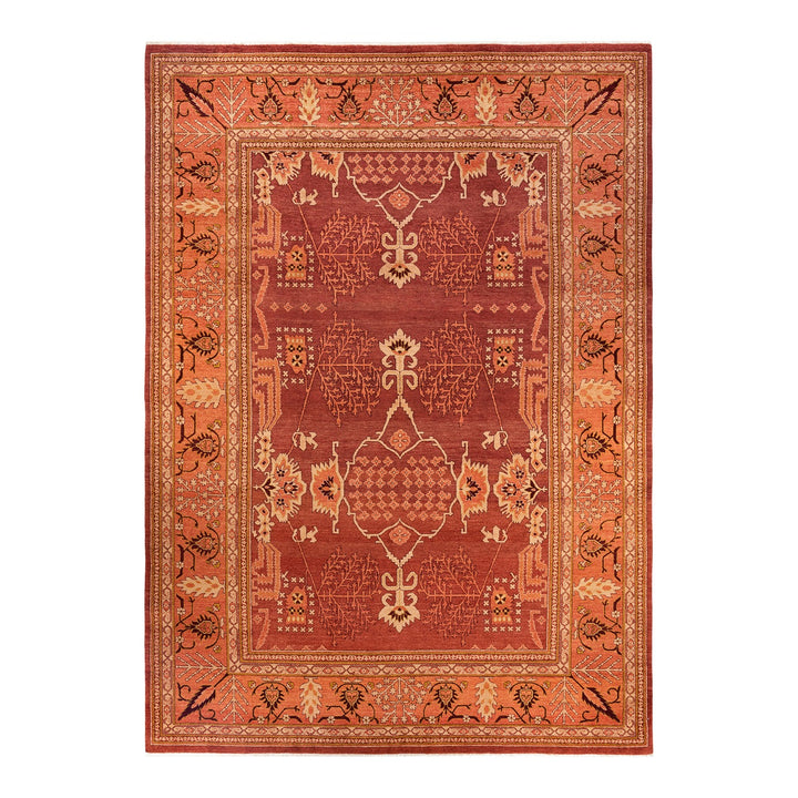 Handwoven rectangular rug with intricate patterns in shades of red