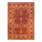 Handwoven rectangular rug with intricate patterns in shades of red