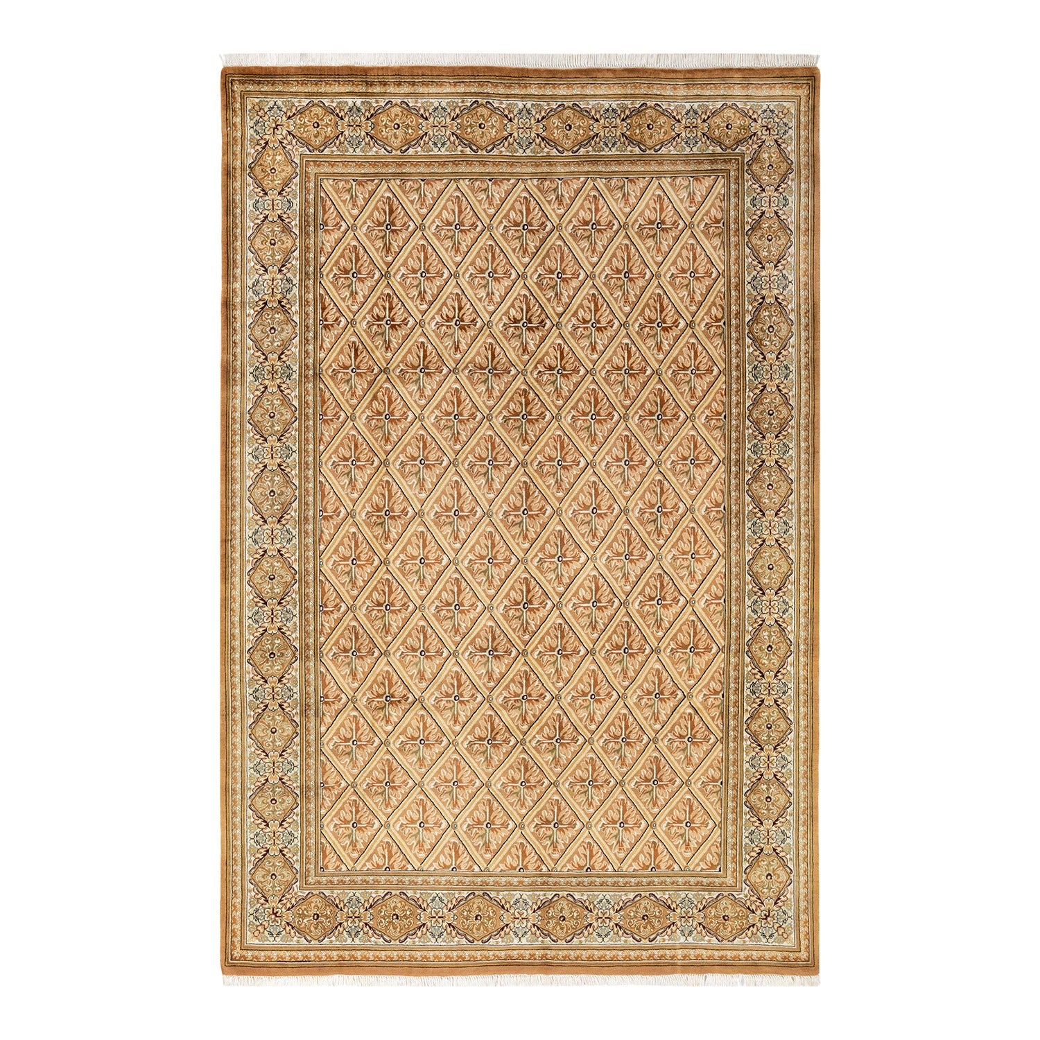Ornate handcrafted rug with intricate geometric pattern and floral motifs