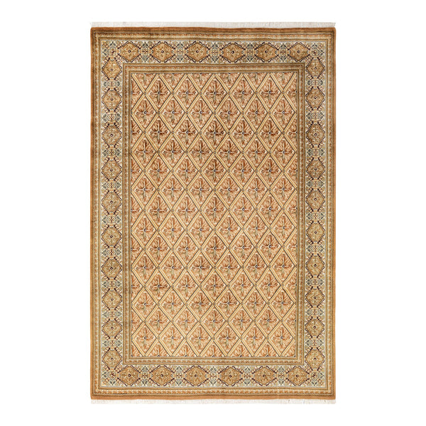 Ornate handcrafted rug with intricate geometric pattern and floral motifs