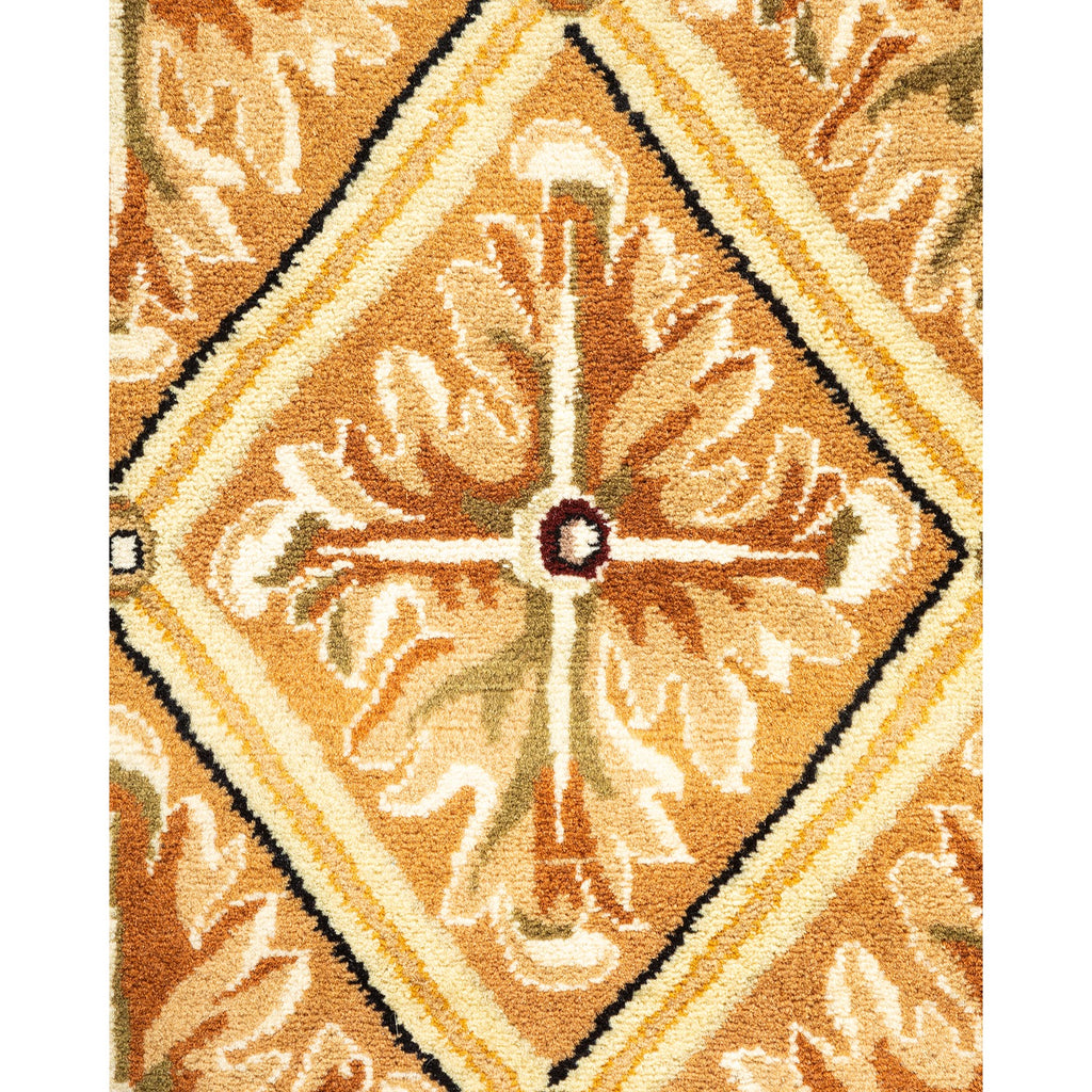 Intricate symmetrical textile pattern with warm colors and floral motifs.