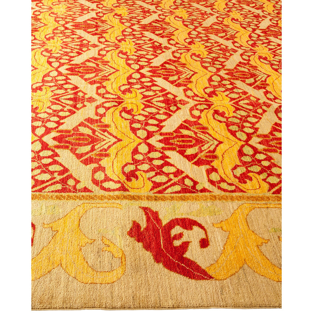 An exquisite, well-preserved rug flaunts intricate red and gold motifs.