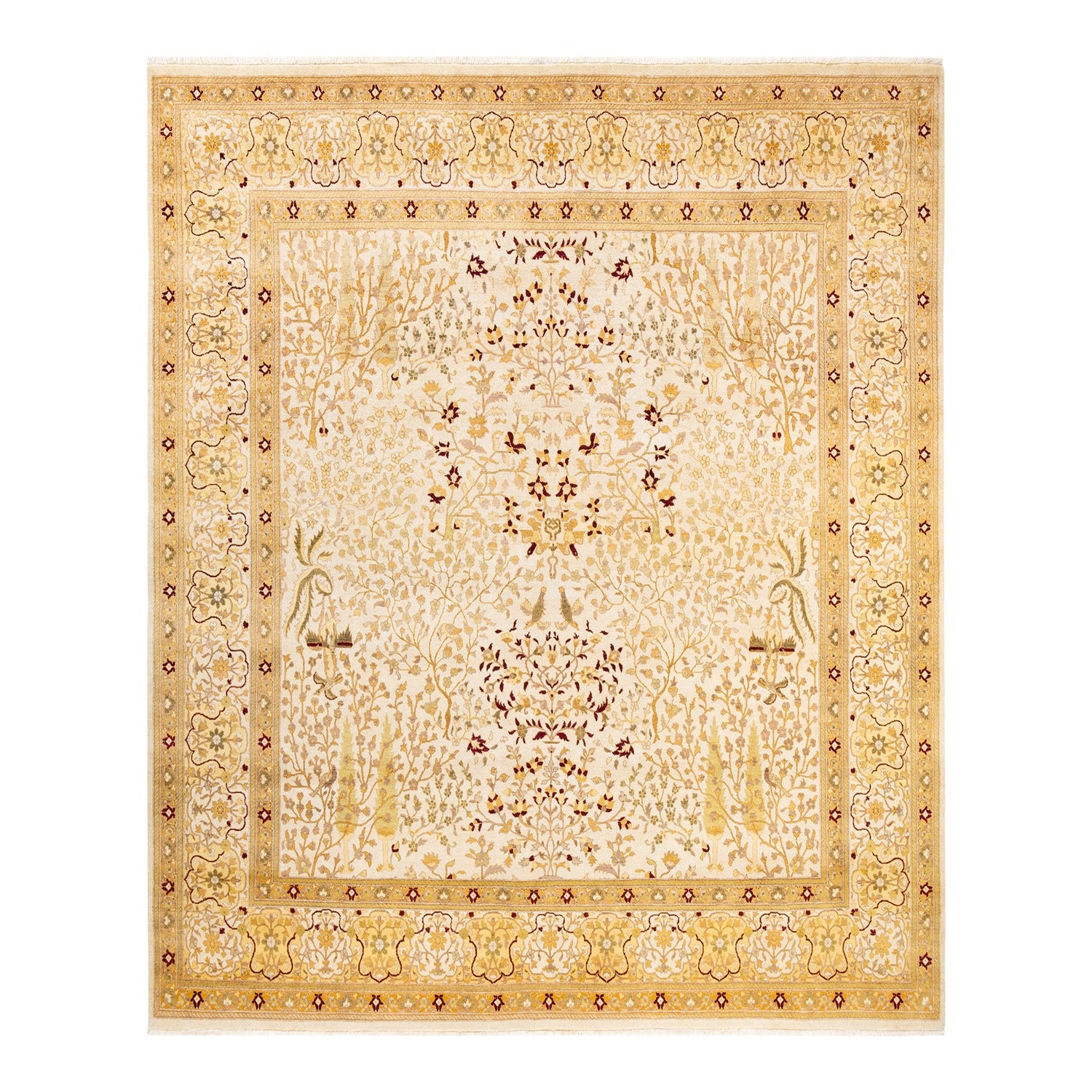 Exquisite hand-knotted rug with intricate botanical patterns in gold and brown.