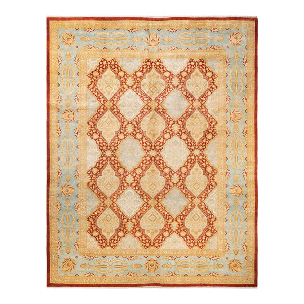 Ornate rug with symmetrical diamond pattern in red and beige.