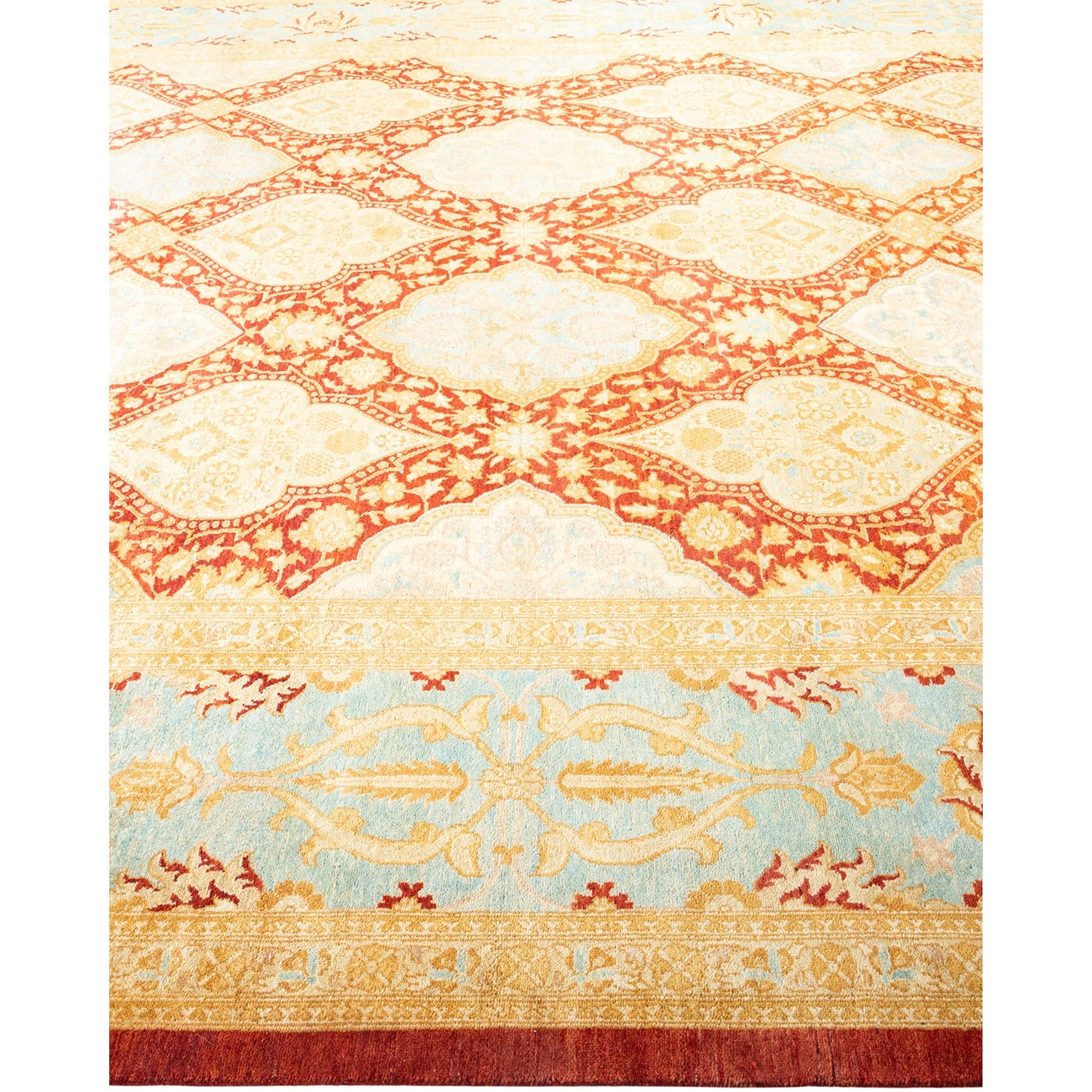 An exquisite hand-woven oriental rug with intricate floral and geometric patterns.