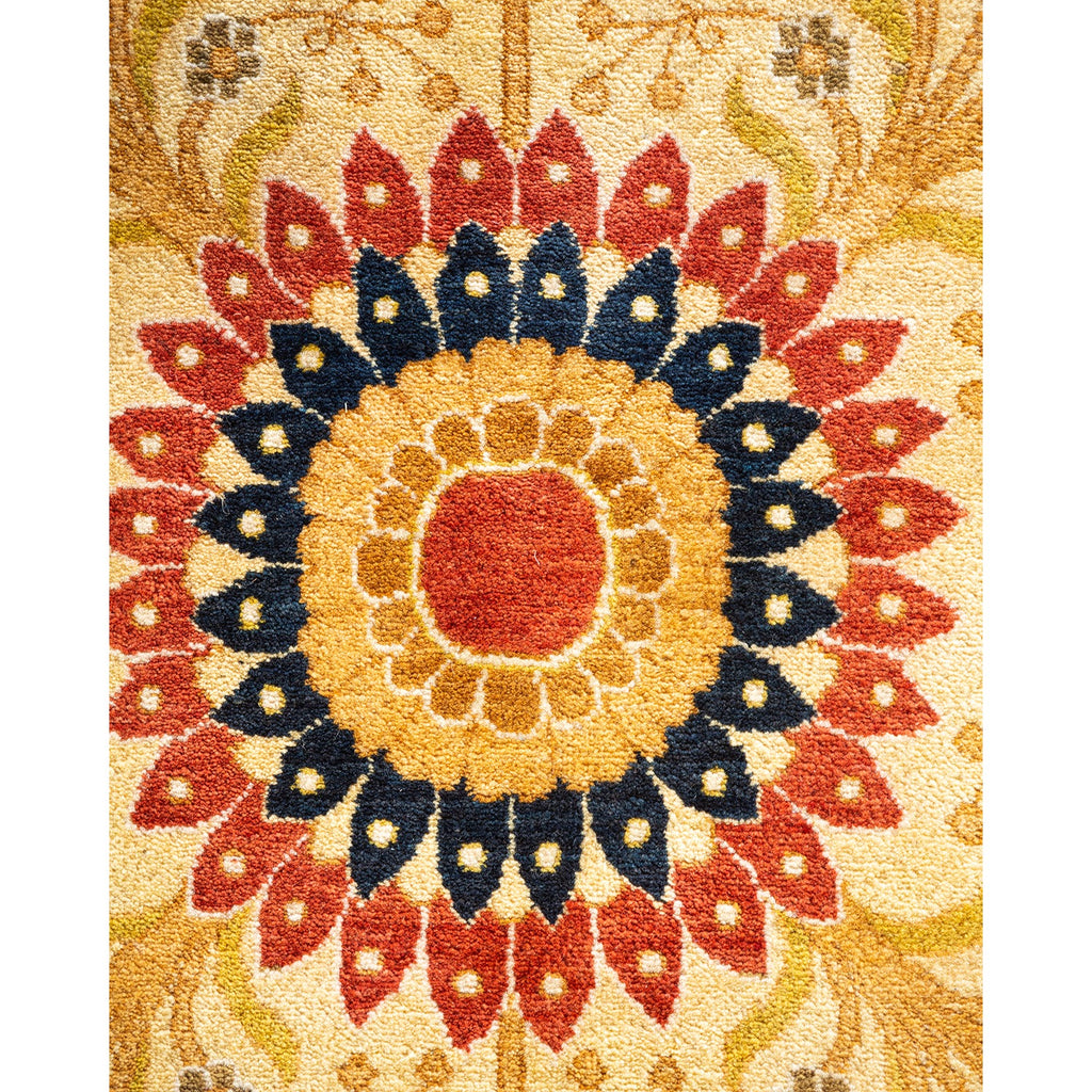 Close-up of a symmetrical floral patterned textile with vibrant colors.