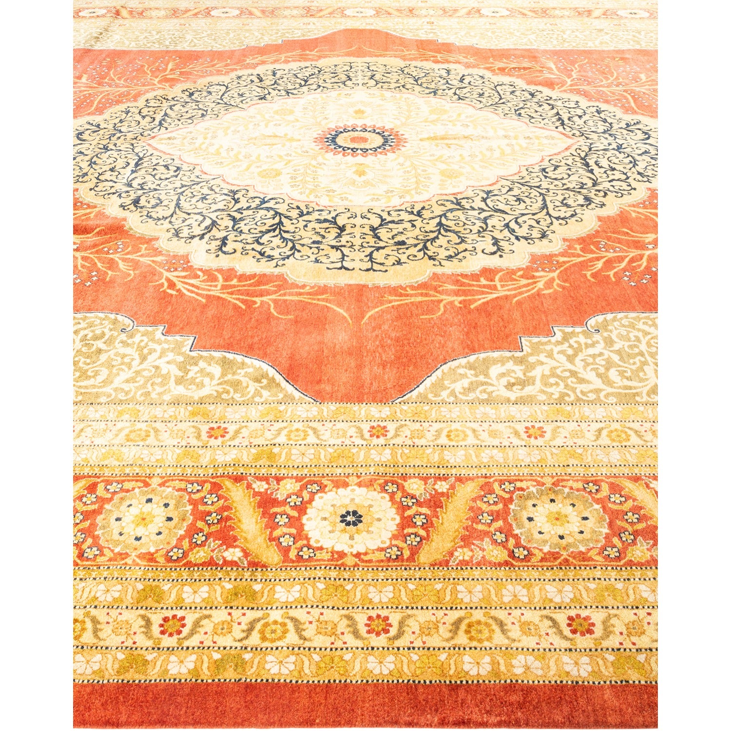 Exquisite hand-woven rug featuring intricate patterns and rich warm colors.