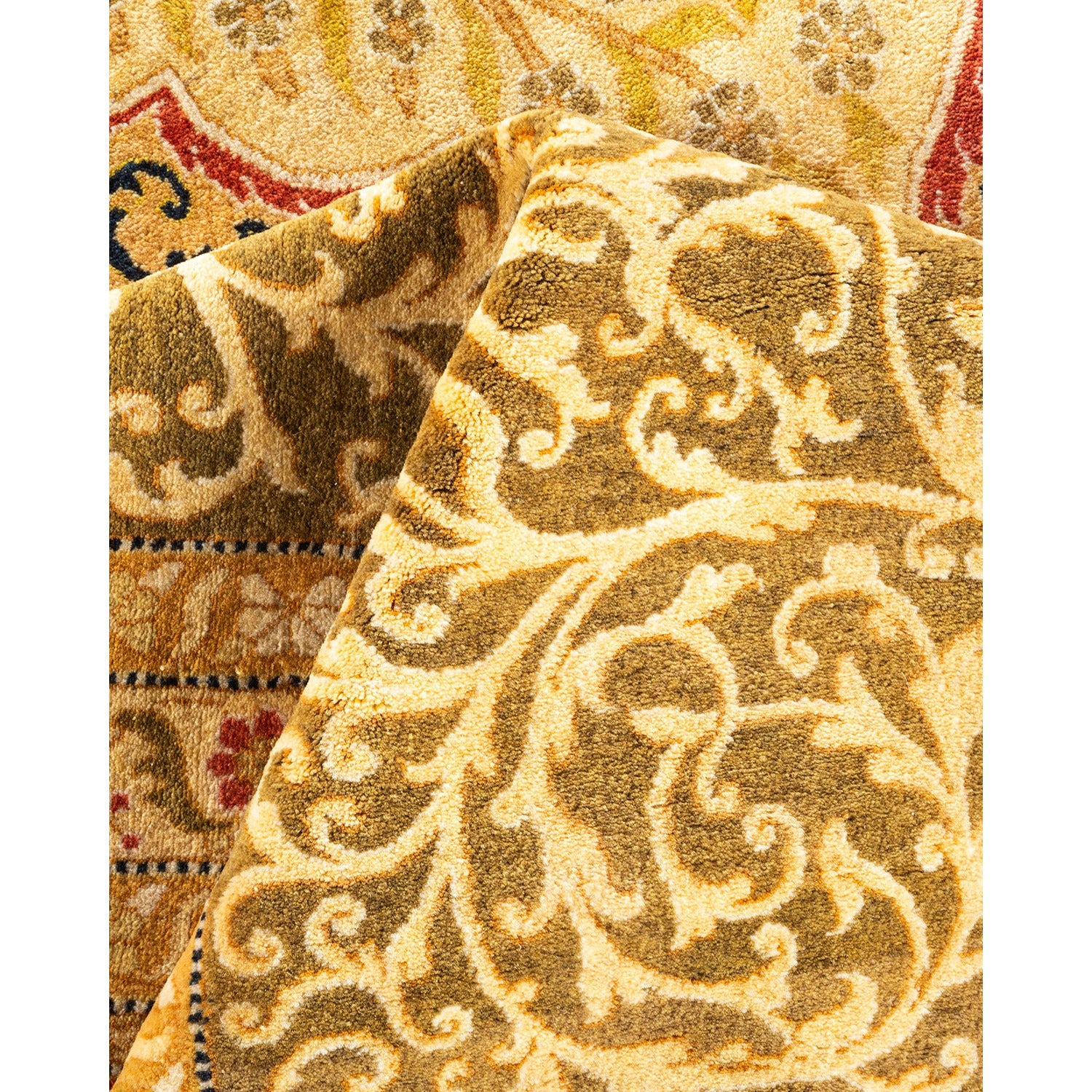 Close-up of a plush, golden fabric with intricate paisley pattern.