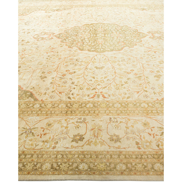 Detailed Oriental area rug with soft colors and intricate patterns.