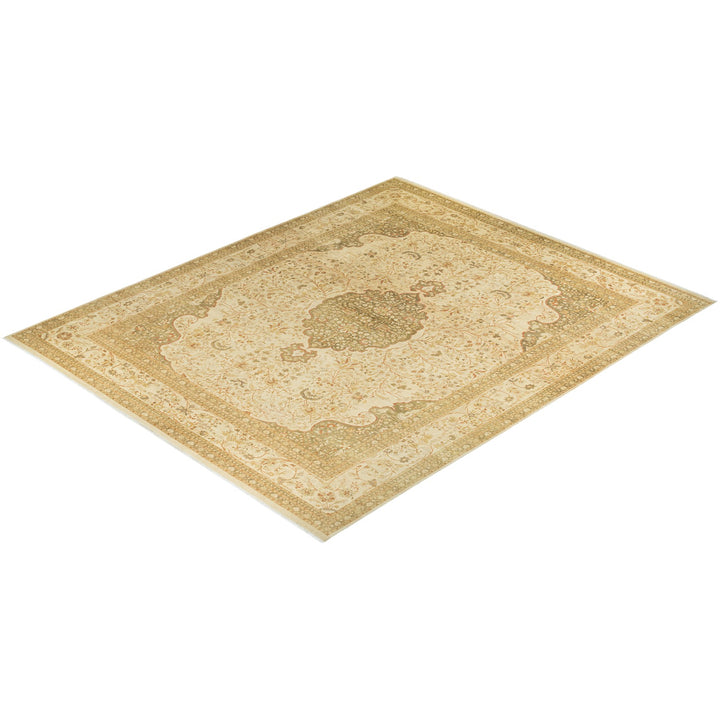 Intricately patterned rectangular rug in muted tones, featuring floral motifs.