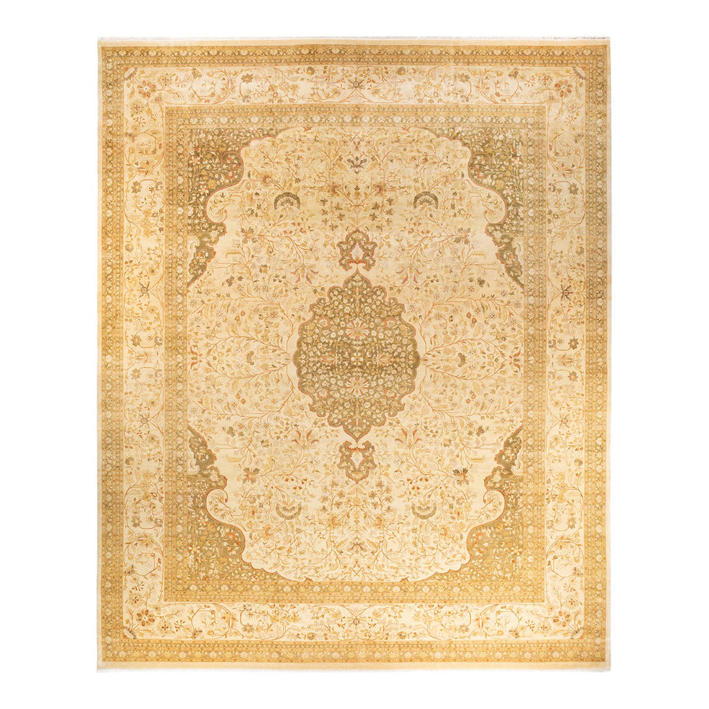 Exquisite Oriental carpet with intricate patterns and warm muted tones.