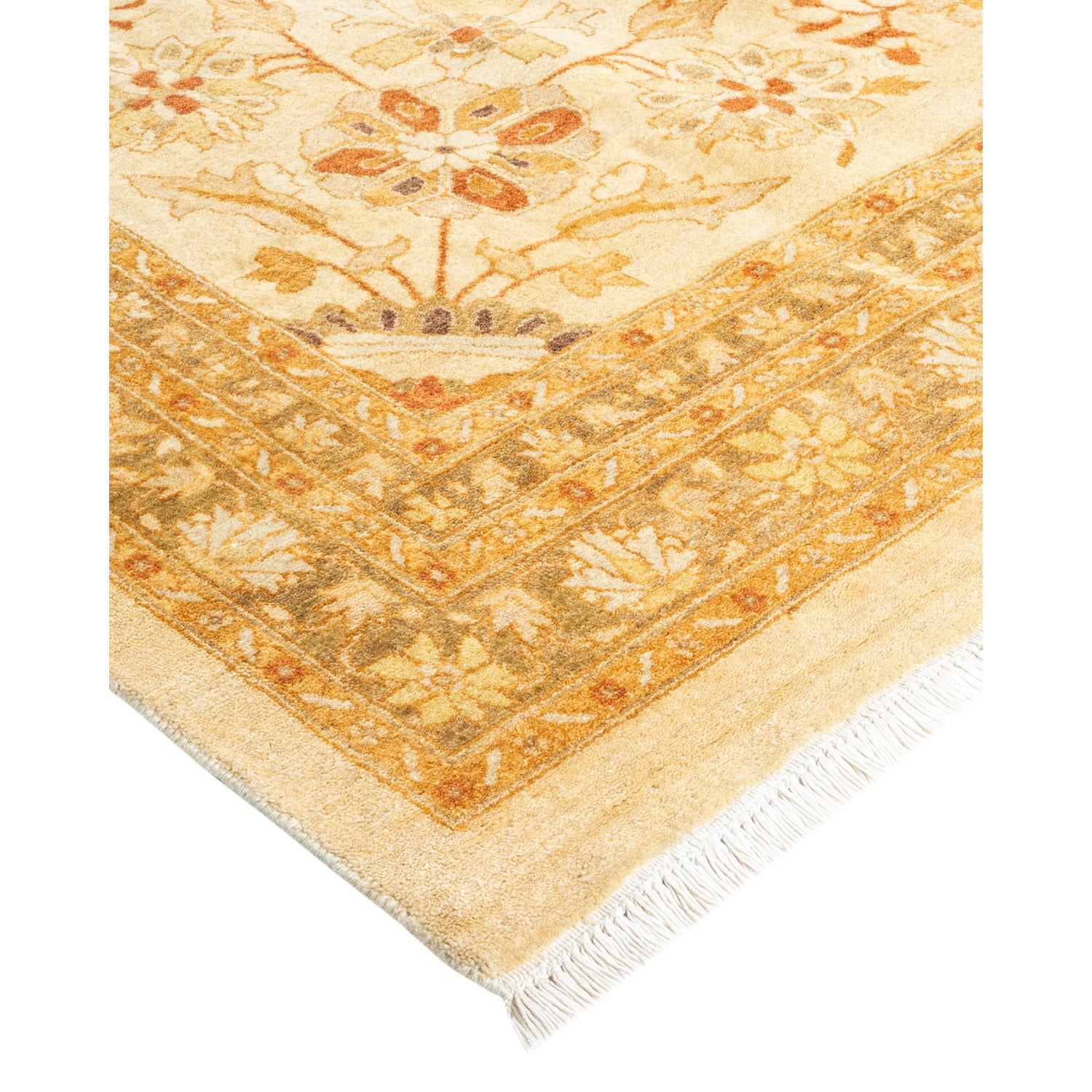 Exquisite hand-woven carpet with intricate Oriental-inspired design and fringe.