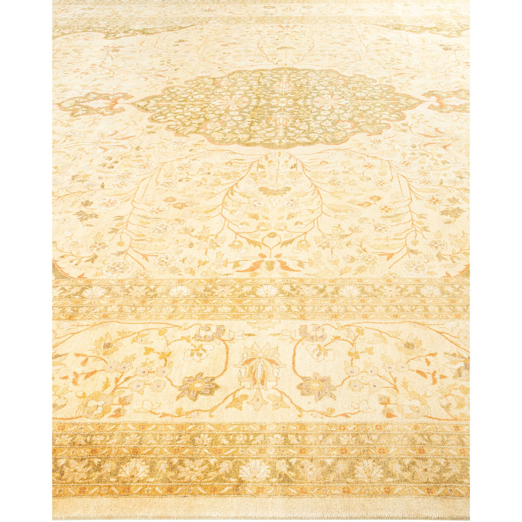 Elegant handcrafted rug with intricate floral motifs in soft hues.