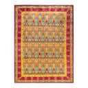 An intricately designed handcrafted rug with vibrant colors and patterns.
