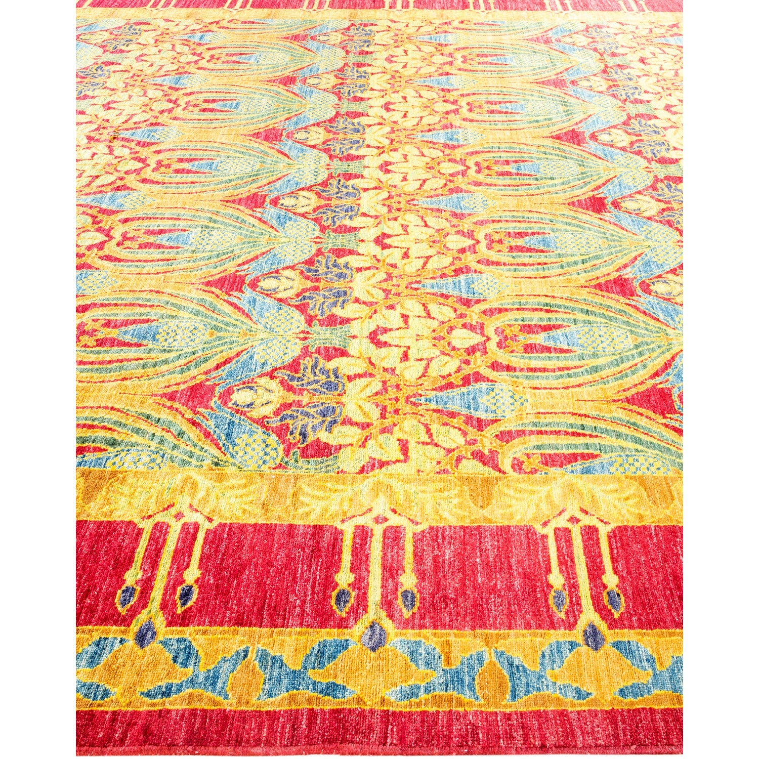 Vibrant, symmetrical carpet with intricate patterns and ornate geometry.