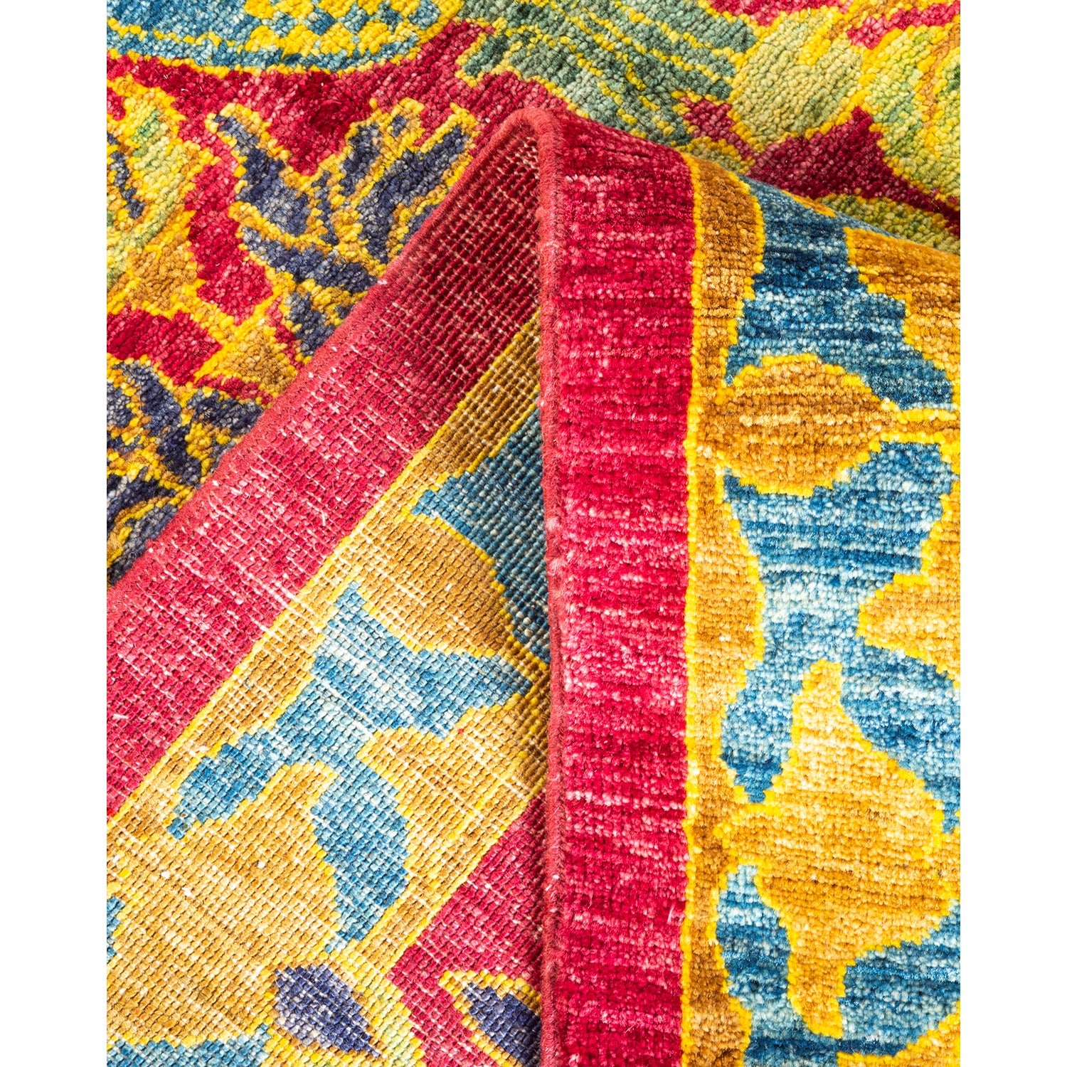 Vibrant and intricate woven rug showcases bold colors and texture.