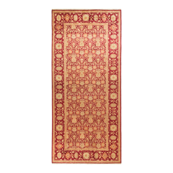 Exquisite rectangular rug with ornate floral motifs in rich red.