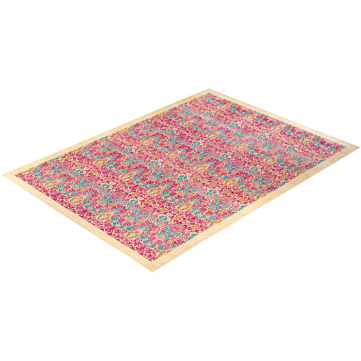 Vibrant rectangular oriental-style rug with intricate floral and geometric design.