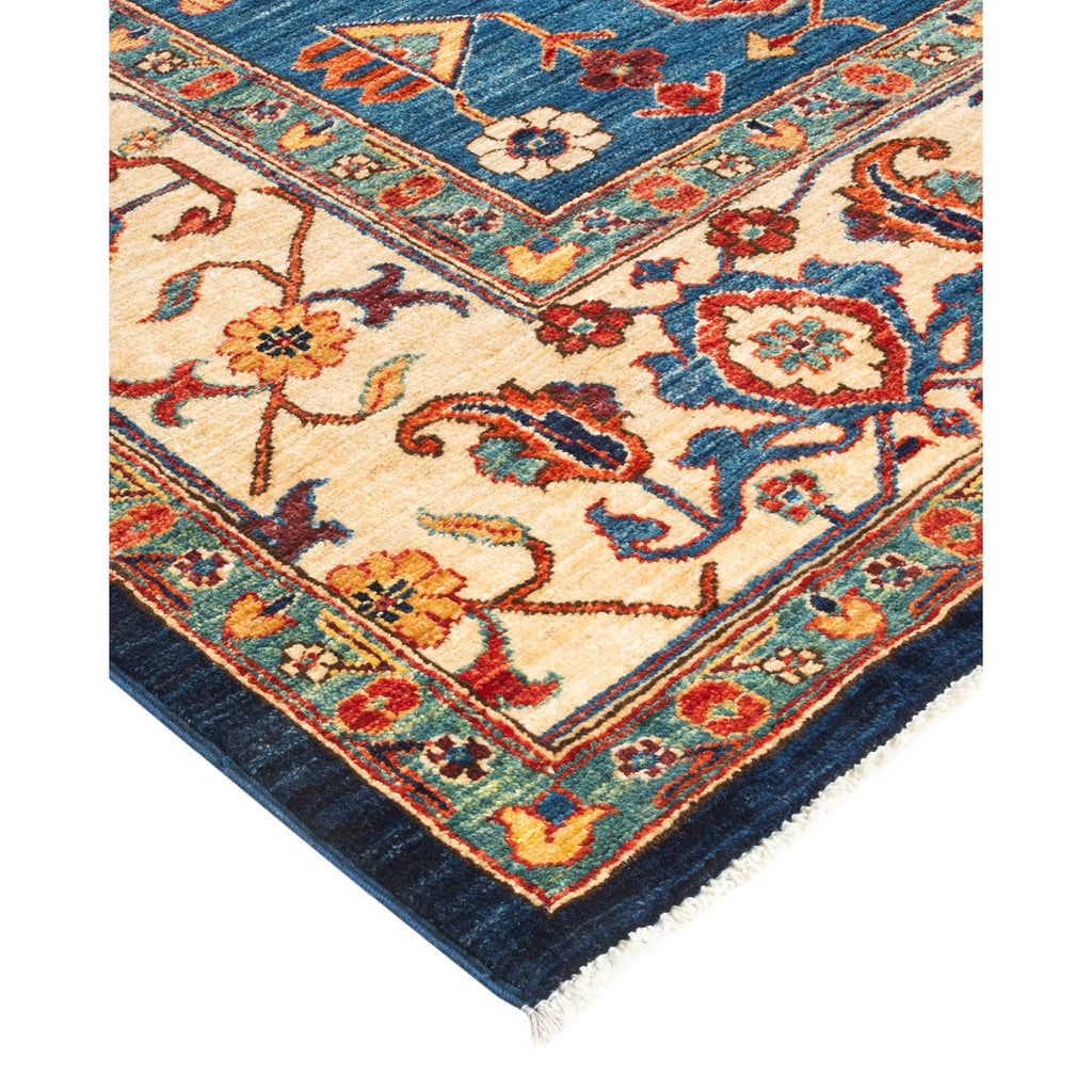 Exquisite hand-woven rug with intricate patterns and vibrant color palette.