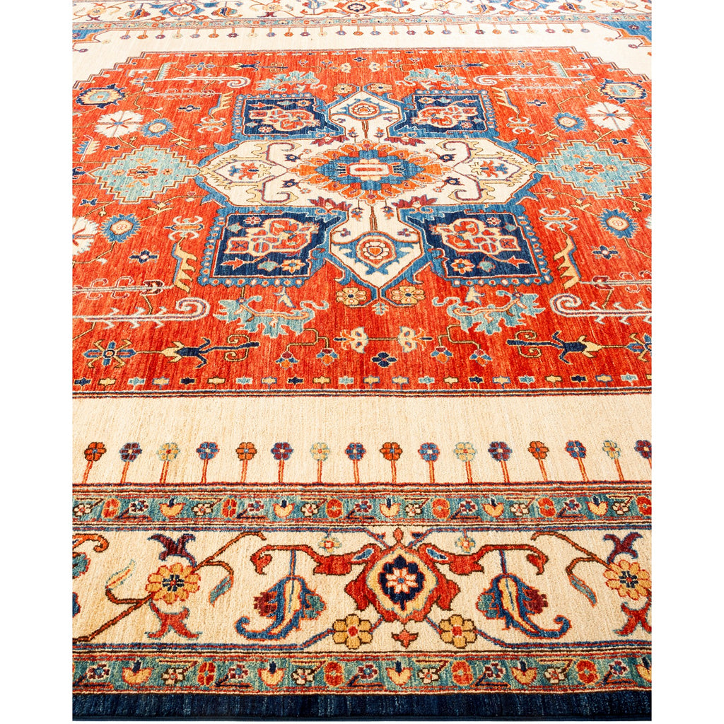 Vibrant and intricate traditional oriental rug with symmetrical geometric design.
