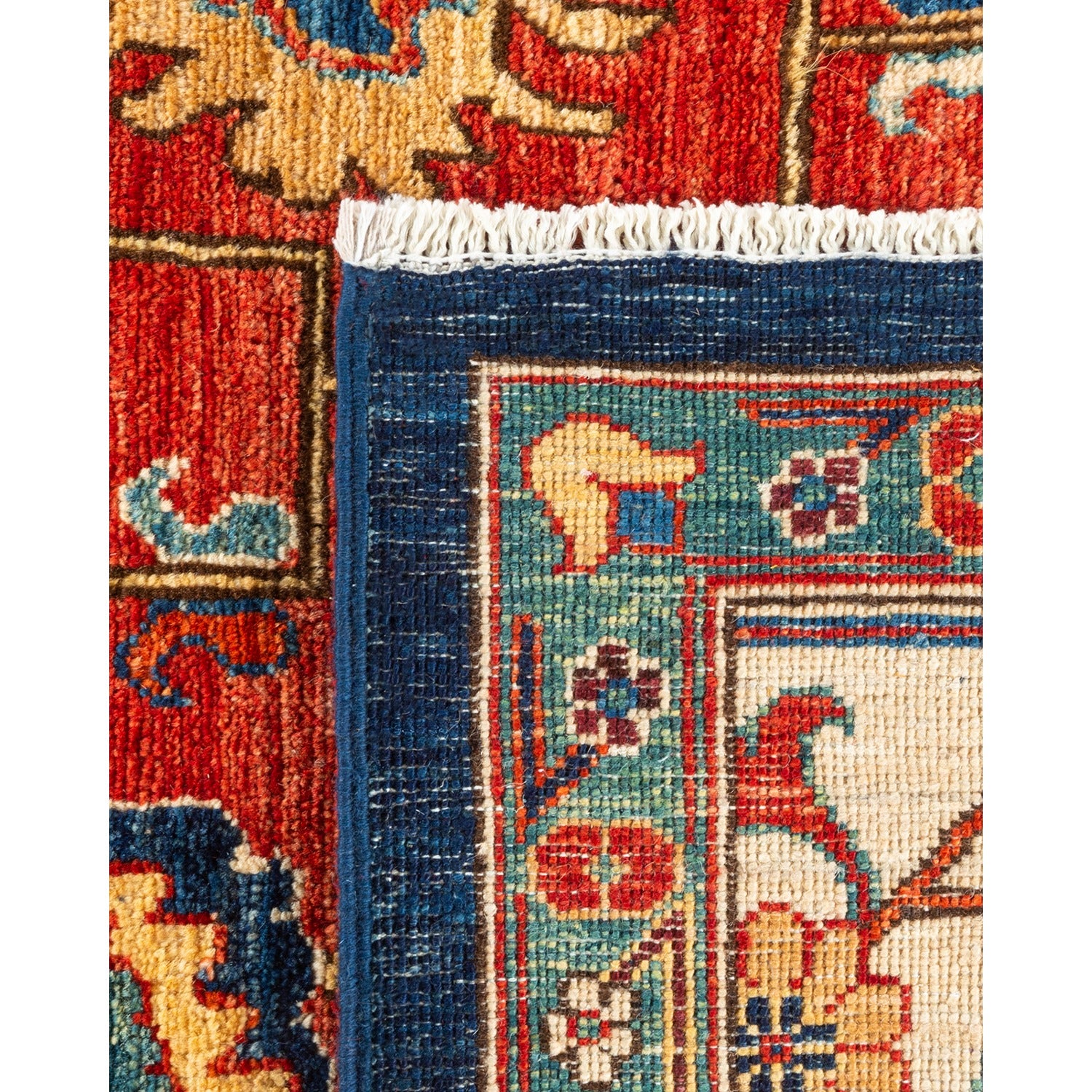 Intricate hand-woven rug showcases vibrant colors and traditional motifs.