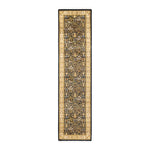 Elegant long runner rug adorned with intricate floral and geometric patterns.