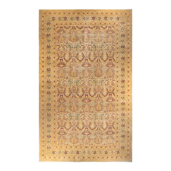 Exquisite Persian-style rug with intricate symmetrical designs in gold and beige.