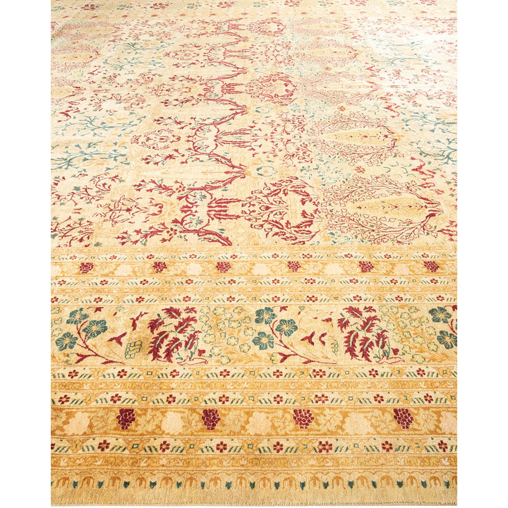An elaborate, handcrafted Persian-inspired rug featuring intricate floral motifs.