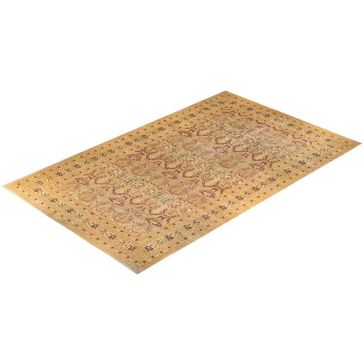 Intricate Oriental rug showcases rich, golden patterns on plain background.