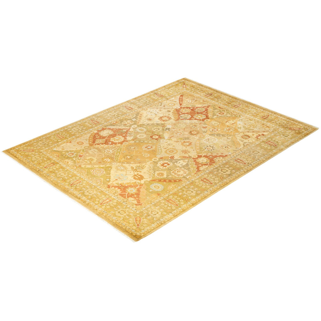 An intricately woven ornate rug with warm colors and symmetrical patterns.