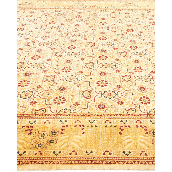 Traditional-style floral carpet with intricate patterns in pale ivory color.