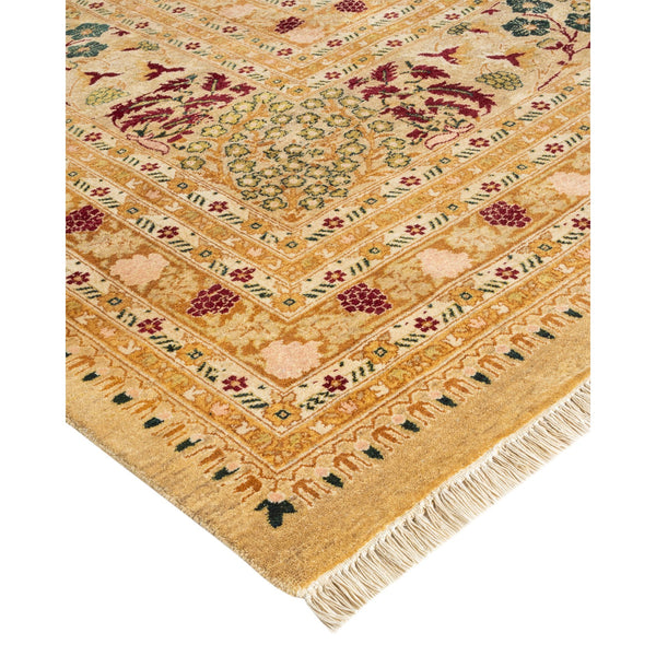 Intricate handcrafted Oriental-inspired rug with symmetrical patterns and botanical motifs