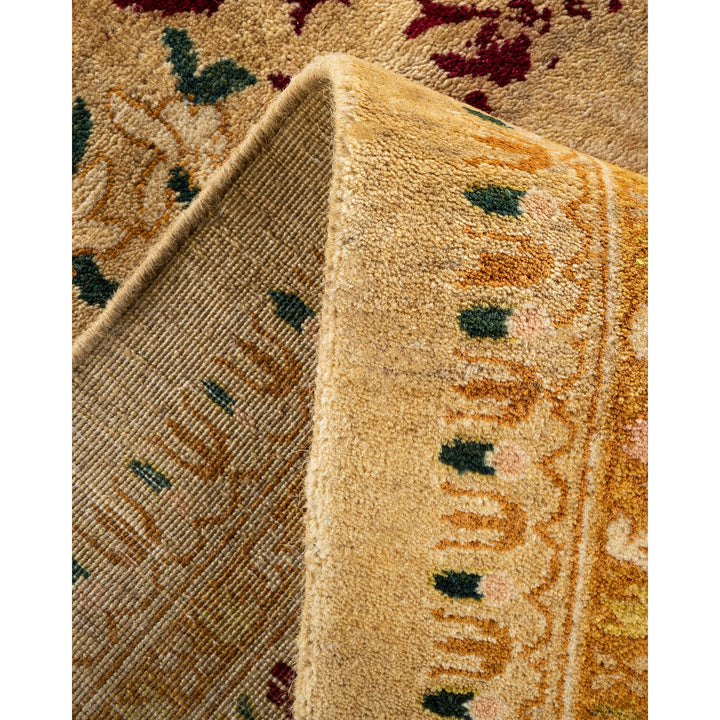 Close-up of a high-quality, richly textured rug with traditional motifs