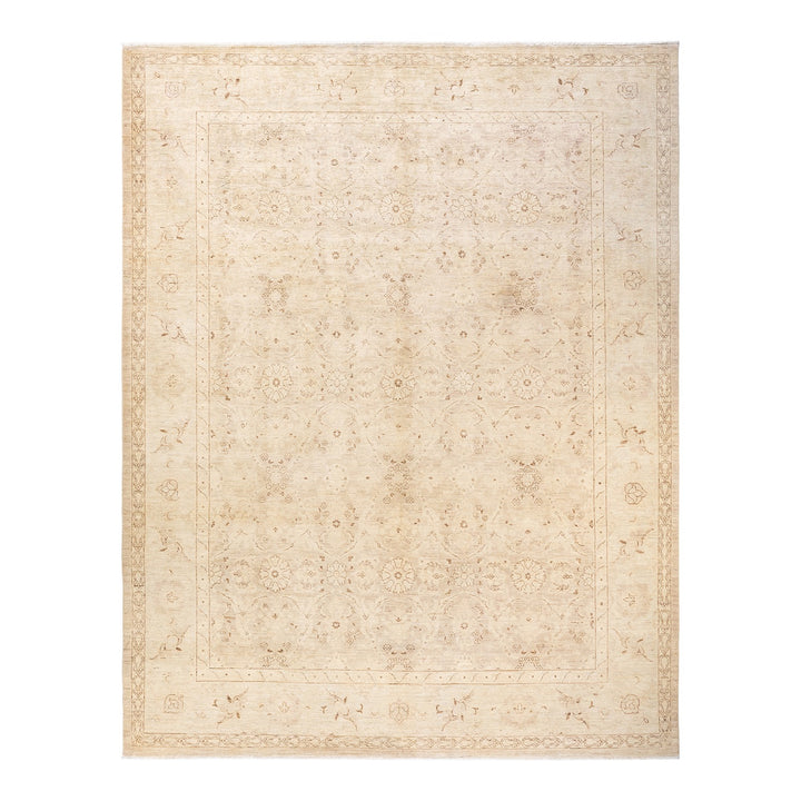 Intricately designed, neutral-toned rug adds subtle elegance to any space.