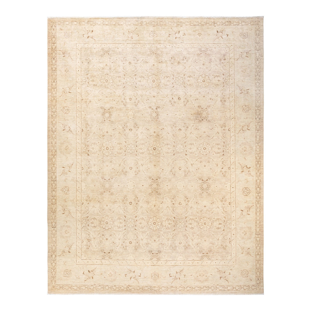 Intricately designed, neutral-toned rug adds subtle elegance to any space.
