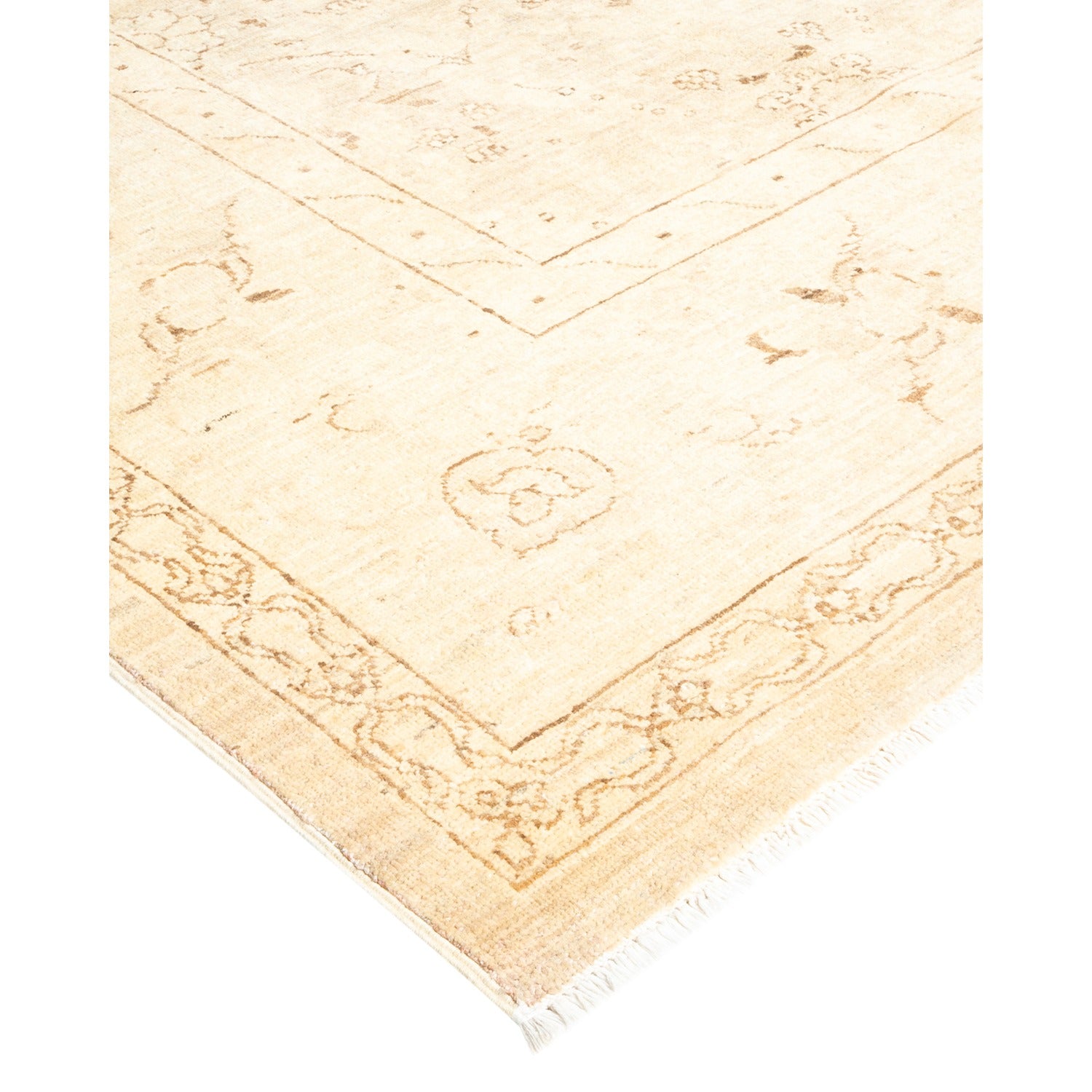 Handwoven light-colored area rug with floral and geometric designs.