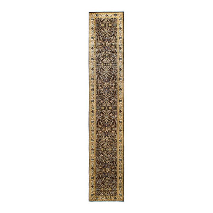 Traditional Persian runner with intricate floral motifs in brown and blue.