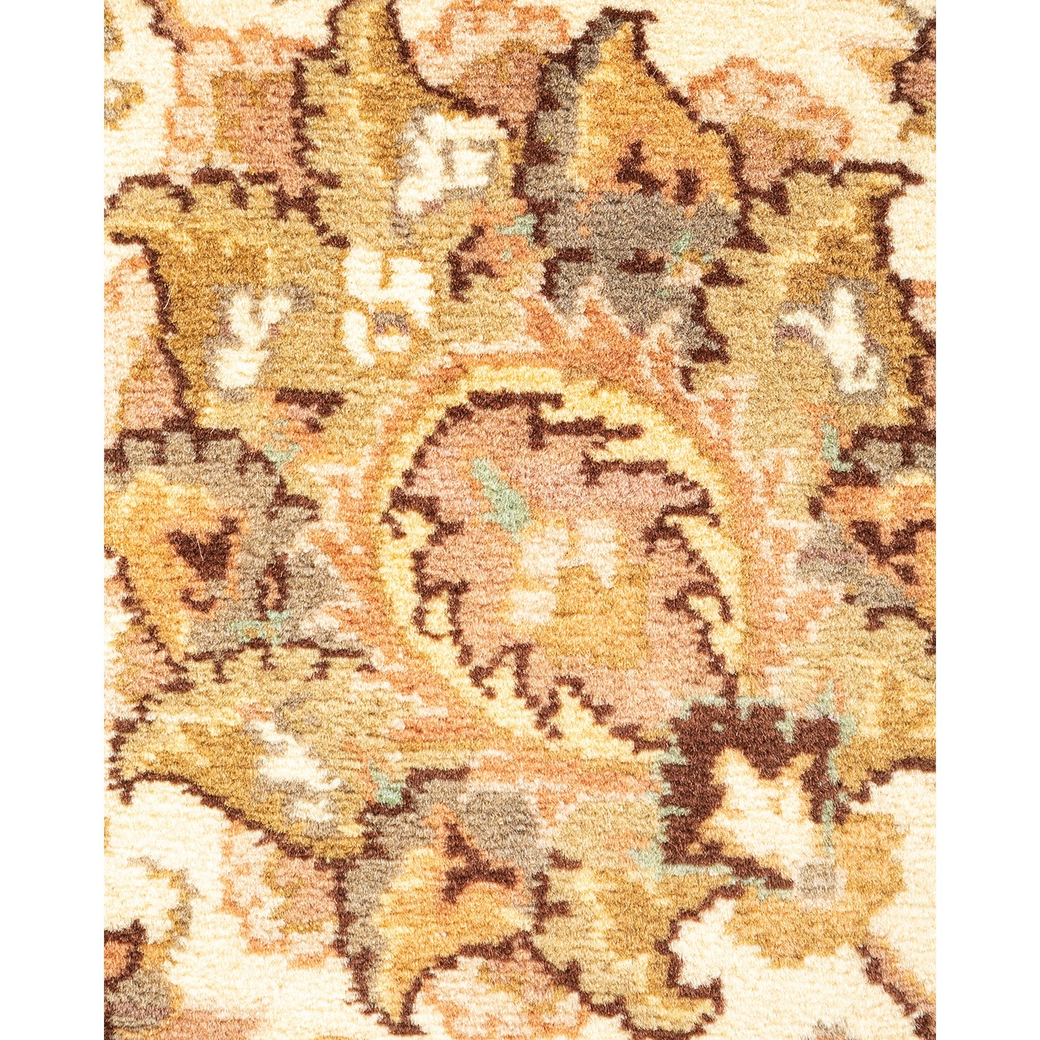 Close-up of an ornate, intricately detailed patterned carpet with warm colors.