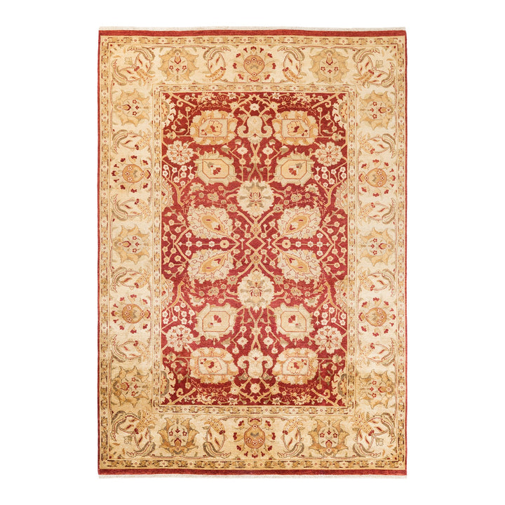 Exquisite oriental rug with intricate patterns in shades of red and cream.