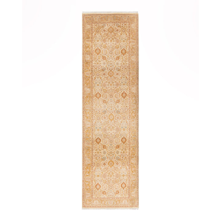 Exquisite handmade hallway rug with intricate geometric and floral motifs.
