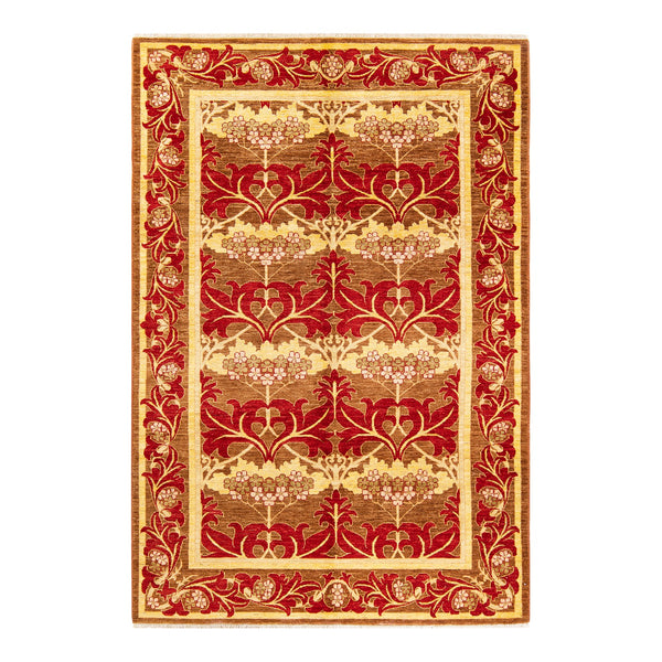 Ornate rectangular rug with traditional Persian-inspired design in gold and red.