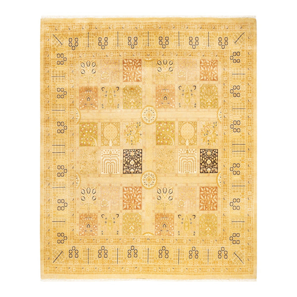 Intricate, symmetrical patterned rug exudes traditional Middle Eastern craftsmanship.