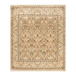 Intricate and ornate rug featuring symmetrical floral patterns in beige, green, and pink with a diamond-like lattice pattern and elaborate border.