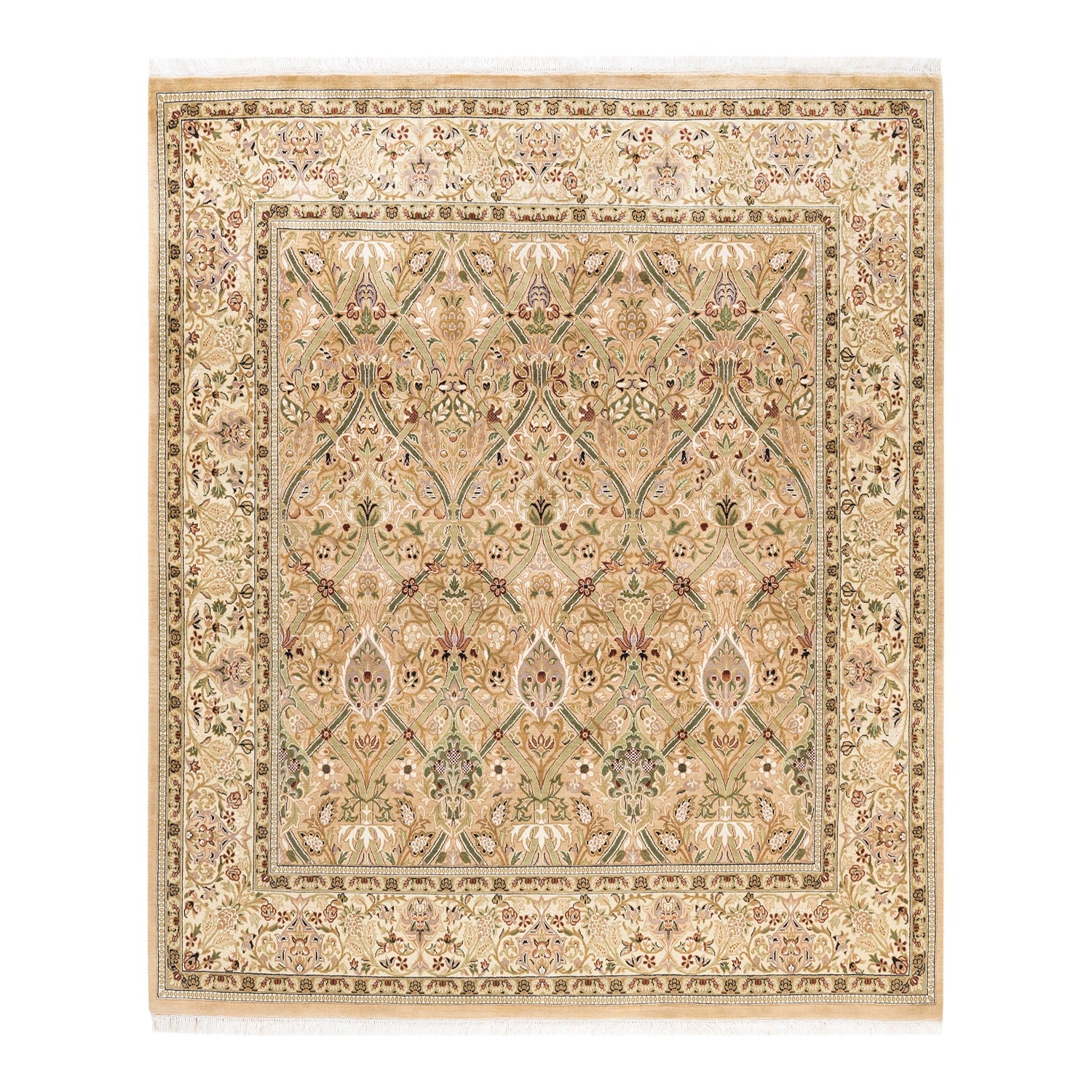 Intricate and ornate rug featuring symmetrical floral patterns in beige, green, and pink with a diamond-like lattice pattern and elaborate border.