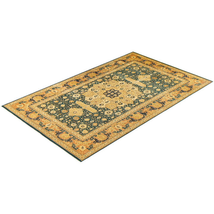 Exquisite Persian-style area rug with symmetrical design and warm hues.