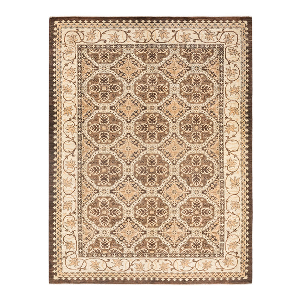 Ornate, symmetrical rug with neutral tones and intricate traditional motifs.