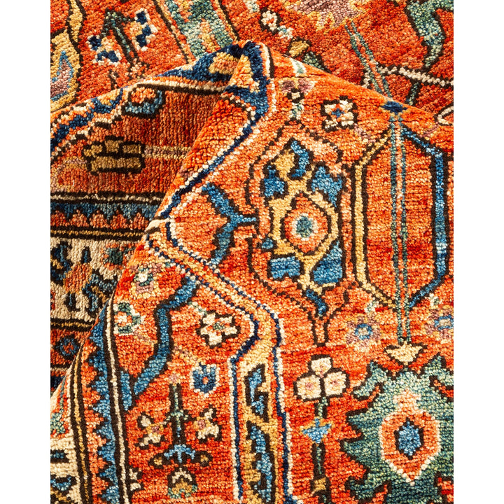 Close-up of a vibrant, intricately woven handcrafted carpet with complex patterns